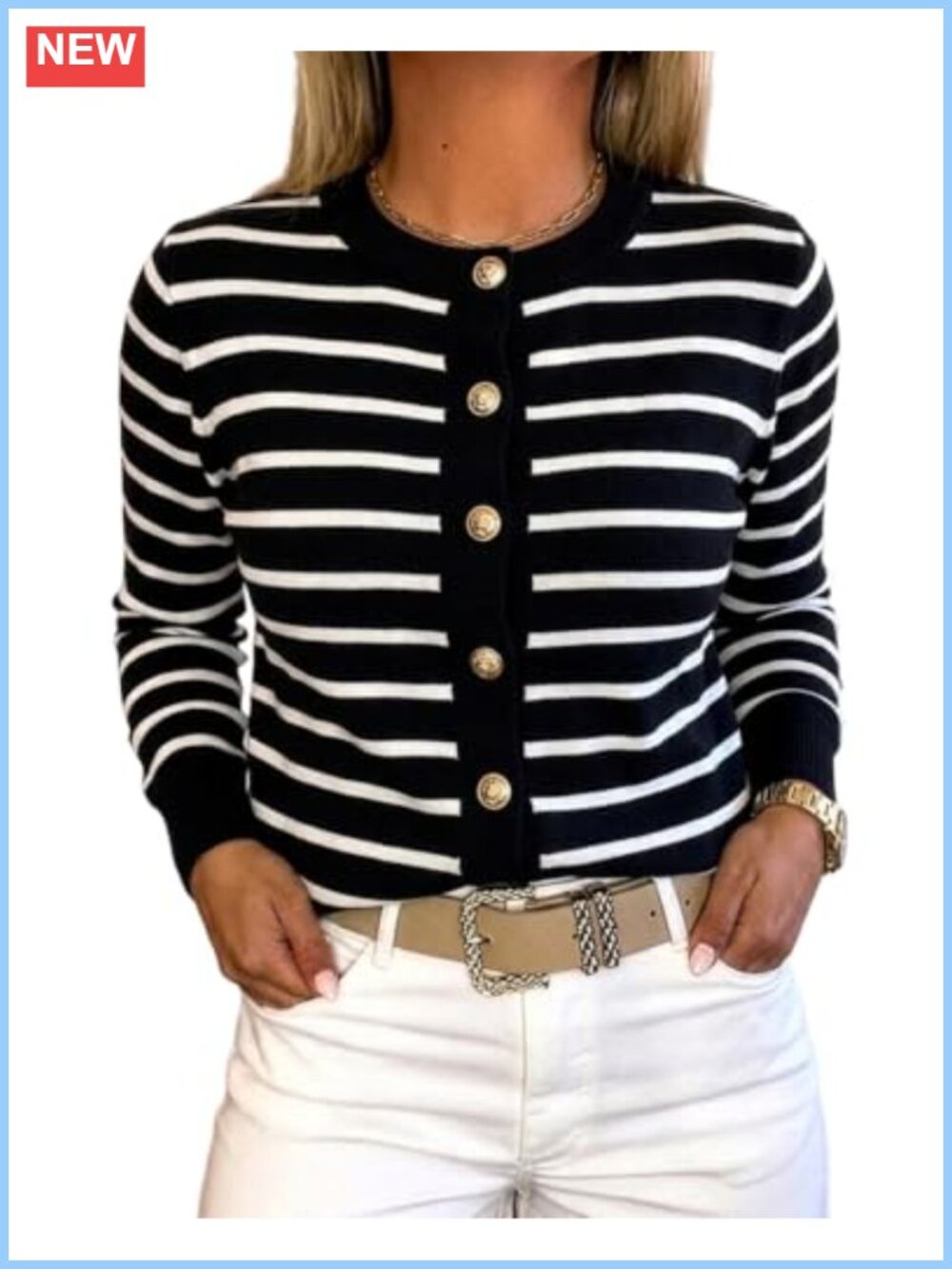 Striped Knit Cardigan Crewneck Button Down Sweater Long Sleeve Relaxed Fit